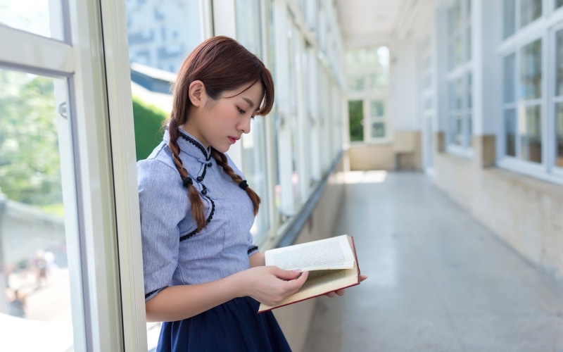 Girl, women, blue, Book, s, Asian, Retro, Reading, Beautiful, shirt, Style, 1080P, dressed