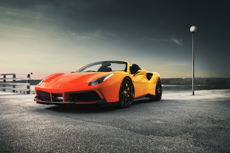 city, red, outdoors, Ferrari 488 Spider, yellow, sky, car, street, road, transportation, street light, Ferrari, architecture, motion, sports car, nature