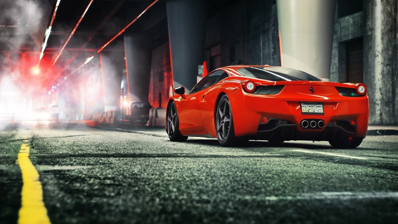 Ferrari 458, Super Car, night, motion, vehicle, red, urban, racecar, 1080P, Ferrari, car, nightlife, competition, smoke - physical structure, selective focus