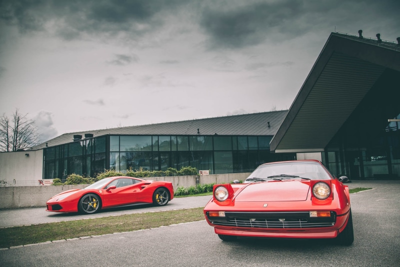 building exterior, Ferrari 488 GTB, retro styled, red, luxury, building, car, nature, Ferrari, mode of transportation, 1080P, architecture, land vehicle