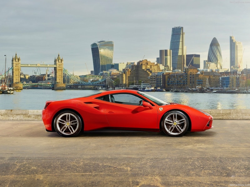 red, office building exterior, modern, architecture, building, wheel, Ferrari 488 GTB, luxury, urban skyline, skyscraper, sky, Ferrari, motor vehicle, tall - high