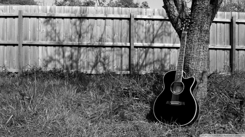 black, music, white, colorless, 3d and abstract, 1080P, guitar, photography, tree, strings, acoustic