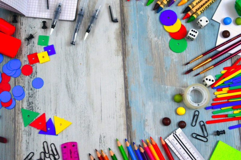 learning, close-up, back-to-school package, logical inventory, variation, school, 5K, ruler, high angle view, brushes, pencils, education, paint, directly above