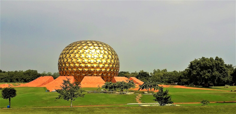 golf course, town, spiritual, activity, pondicherry, sphere, built structure, golf, no people, sky, vegetation, planetarium, travel destinations, urban