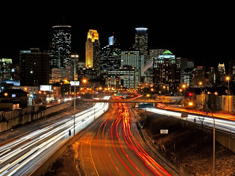 cityscape, time, skyscraper, 1080P, dusk, nighttime, Skyline, illuminated, urban Scene, Minnesota, Trail, Lights, Night, Car, Nikon  D3, MN, downtown District