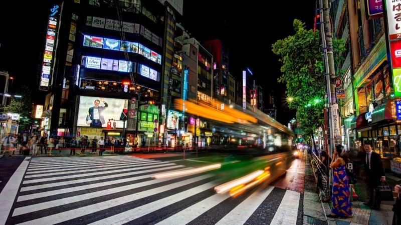 street, sign, night, Japan, city life, shibuya, 1080P, outdoors, motion, long exposure, city, architecture, building exterior, illuminated, incidental people