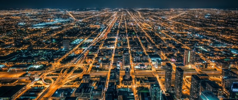 aerial view, office building exterior, outdoors, 5K, built structure, nighttime, cityscape, building, skyscraper, street, architecture, city life, no people