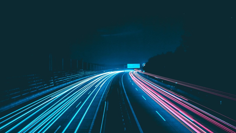 neon, lights, night, dark, highway, timelapse, road, outdoors, 2K