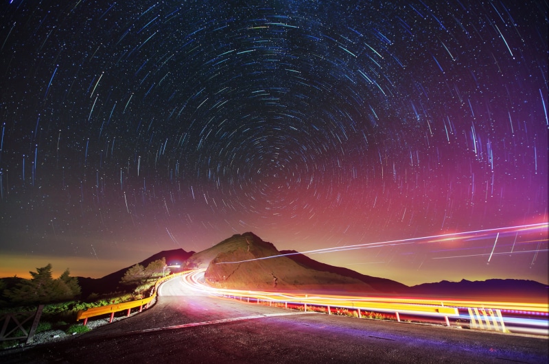 star, design, illuminated, space and astronomy, no people, 1080P, stargaze, motion, star field, light trail, trees, road, night, timelapse, outdoors, galaxy