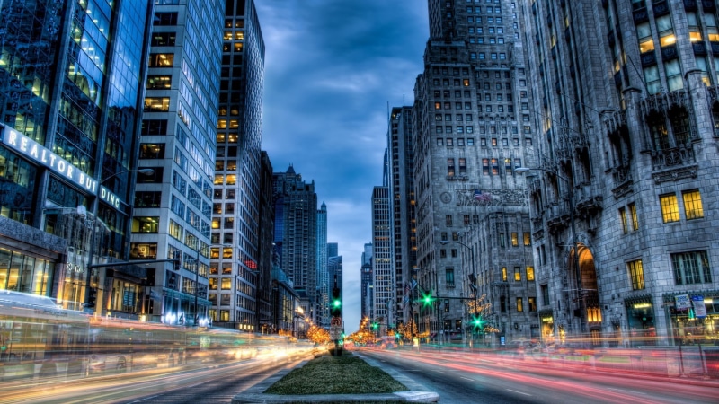 illuminated, long exposure, landscape, 1080P, architecture, cityscape, timelapse, light, speed, night, building, Chicago, HDR, city life, road, no people