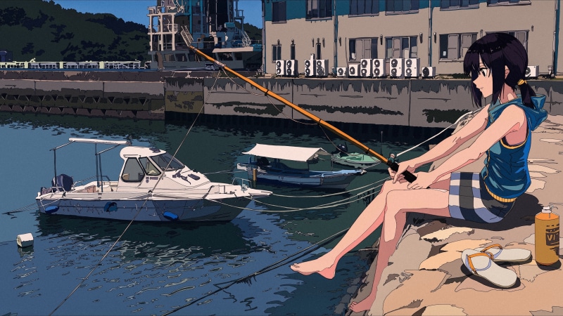 sailboat, black, transportation, illustration, sea, barefoot, boat, architecture, nautical vessel, nature, anime, rope, day, city, one person, pier, female