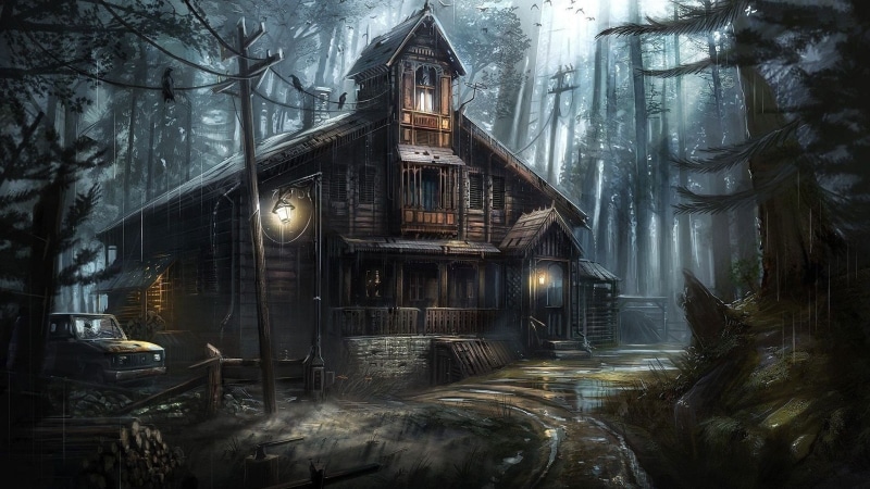 house, abandoned, ghost house, 1080P, rainy day, fantasy art, haunted house, rainy, tree, fantasy landscape, forest