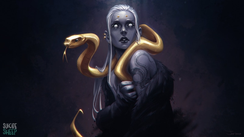 4K, white hair, artwork, snake, digital art, gold, fictional character, long hair, concept art, fantasy art, women, MrSuicideSheep, fictional, animals
