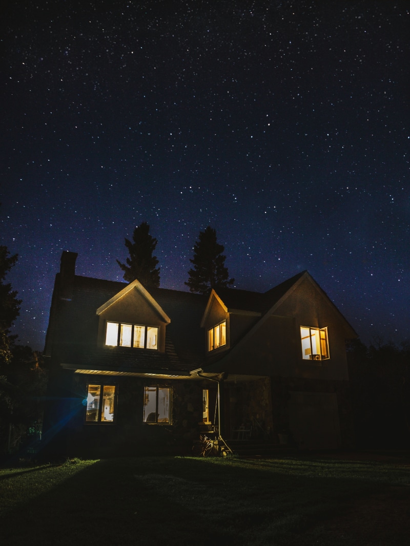 pine, star, galaxy, sky, winter, light, spooky, home, lighted, constellation, window, mountain, night, trees, nature, glow, vibe, space, dusk, warm, cabin