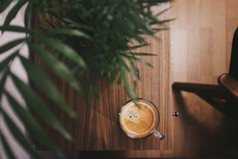 espresso, cafe, hygge, green, coffee Break, mug, wooden table, drink, relaxation, vibe, cup, interior, freshness, beside, clear, glass, wooden, no People