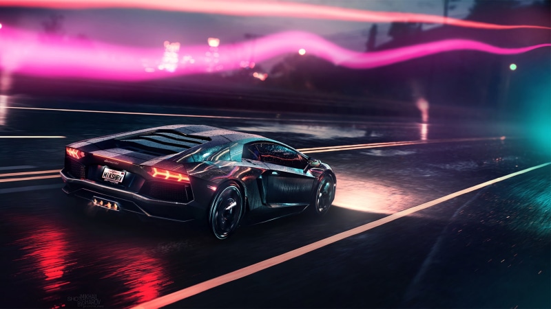 transport, neon, Lamborghini, gray, Mikhail Sharov, vehicle, retouching, atmosphere, Retrowave, environment, night, neon lights, Lamborghini Aventador