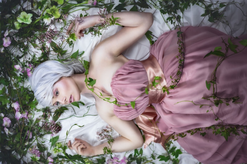Ash blonde, retouching, bare shoulders, lying on back, pink dress, model, women, strapless dress, 5K, blonde