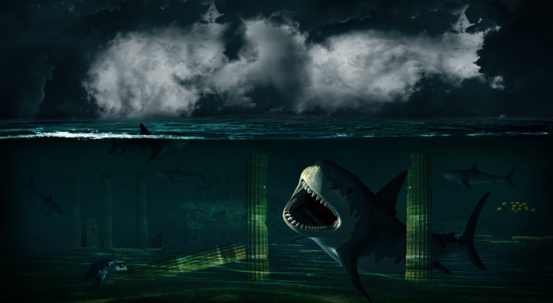 sky, wave, turtle, bizarre, illustration, blue, sea, digital photo montage, antiquity, animal, animals in the wild, no people, background image, sharks