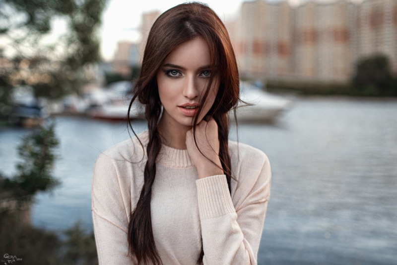 Anastasiya Malakhova, girl, jacket, the city, George Chernyadev, 1080P, retouching, brown hair, sweetheart, bokeh, look, beauty, portrait