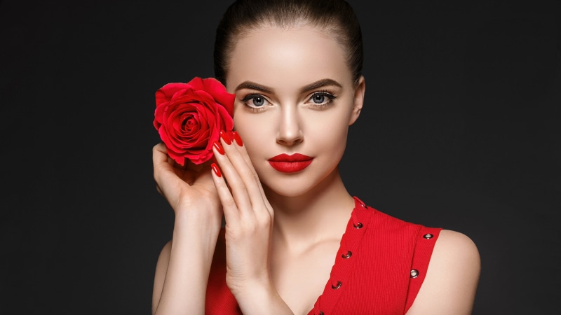 women, brunette, blue eyes, 2K, model, red lipstick, rose, retouching, portrait, simple background, looking at viewer, painted nails