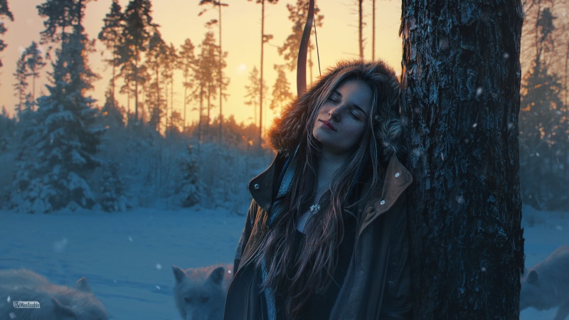 wood, retouching, coats, open jacket, hoods, outdoors, jacket, dusk, brown jacket, digital, Photoshop, digital art, winter, women, women outdoors, forest
