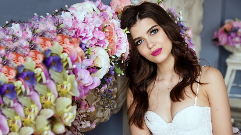 dark hair, bustiers, women, model, flowers, retouching, dress, 2K, purple lipstick, brunette, cleavage