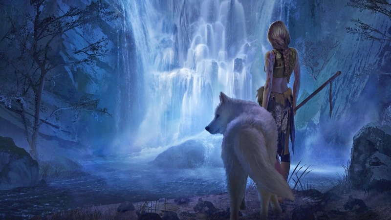 fantasy art, mythology, bluish, white wolf, nature, wolf, waterfall, artwork, darkness, fictional character, 1080P, forest