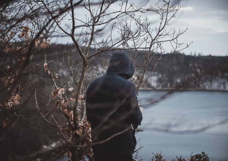 cloudy, czechia, mood, standing, one person, leisure activity, tree, nature, bluish, siluet, lifestyles, hood - clothing, moody, branch, clothing, hidden
