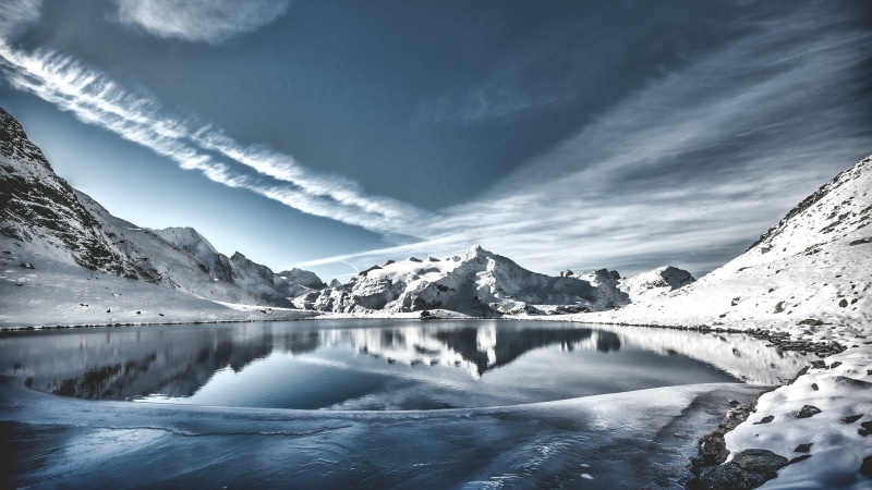 cloud, bluish, environment, no people, tranquil scene, ice, mountain, daytime, tranquility, freezing, reflection, wilderness, snowcapped mountain, mountain range