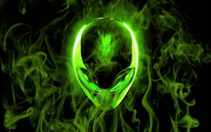 alienware, faces, smoke, logo, 1080P, worlds, flame, eyes, space, green, aliens, 3d and abstract, alien