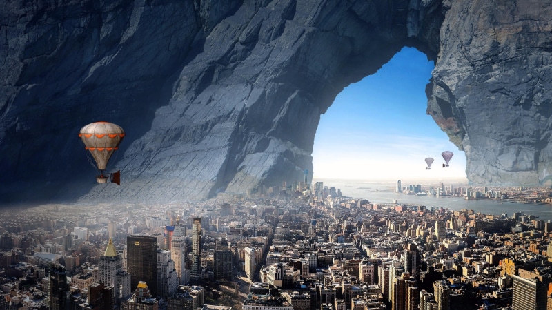 city, cliff, alien city, 4K, sky, hot air balloon, fantasy art, digital art, rock, arch, fantasy world, fantasy city, metropolis, illusion