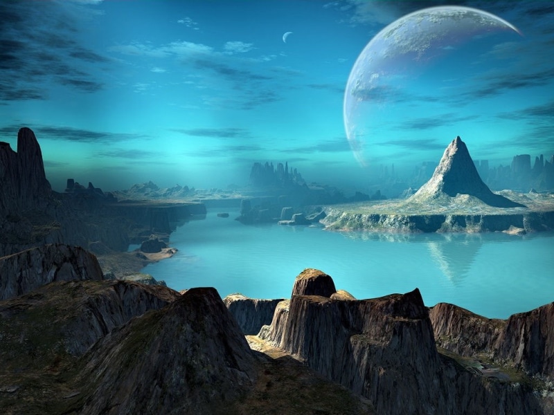 world, hd, rock formations, Clouds, sky, blue sky, alien, water, art, 480P, Moon, planets, blue, space