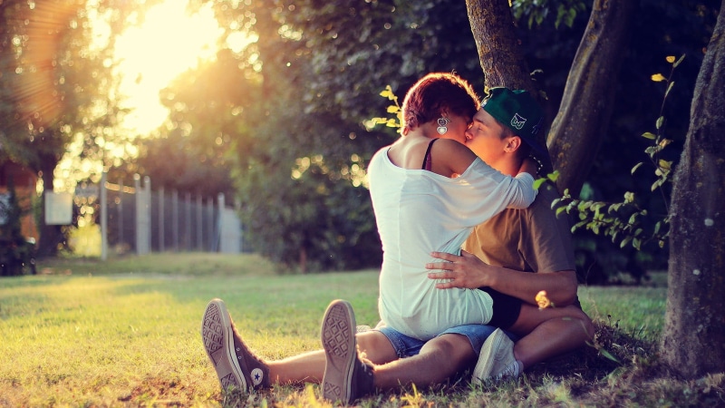 1080P, two people, love, bonding, emotion, boys, kissing, park, tree, s, plant, togetherness, shoulder, childhood, shirt, men, outdoors, sunlight, child