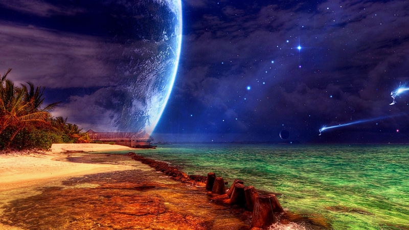 photoshop, earth, night sky, fantasy art, fantasy landscape, horizon, space, coast, shore, night, sky, planet, sea, landscape, 4K, nature, stars