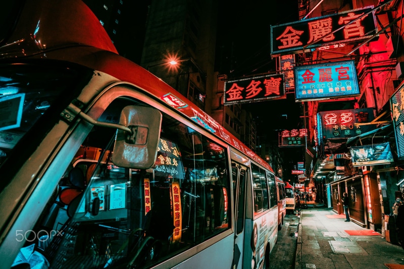 neon lights, dark, 1080P, red, Daria Klepikova, bus stations, buses, night, city, Hong Kong, neon glow