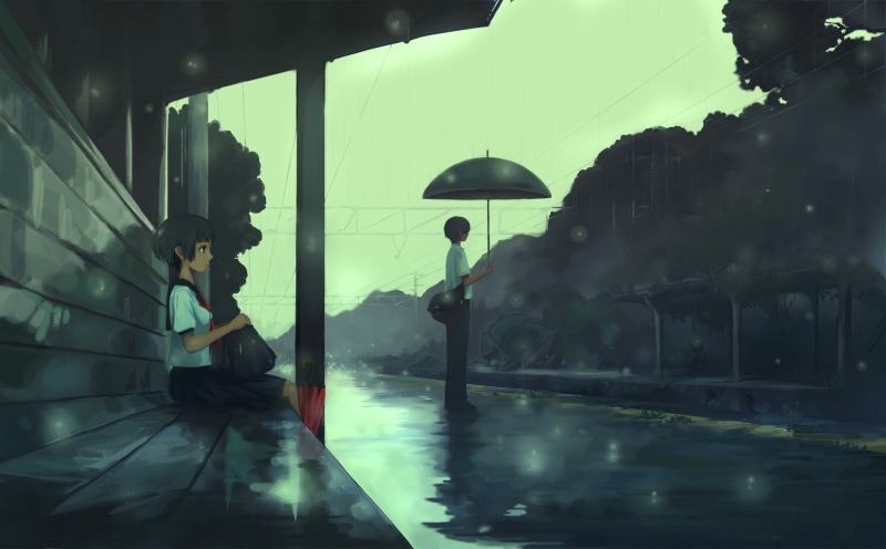 rain, bus stations, 720P, umbrella, anime, school uniform, power lines, students