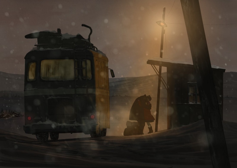 artwork, sad, snow, night, bus stations, anime, 480P, buses, vehicle