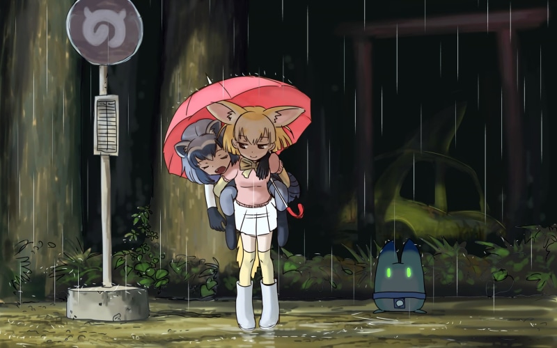 My Neighbor Totoro, thigh-highs, Red fox (Kemono friends), sleepy, rain, Kemono Friends, tail, waifu2x, animal ears, red umbrella, Lucky Beast (Kemono Friends)