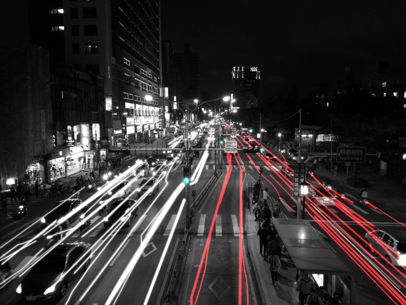 light trail, illuminated, night, speed, blurred motion, long exposure, wikiproject taiwan, sky, black and white, built structure, no people, timelapse