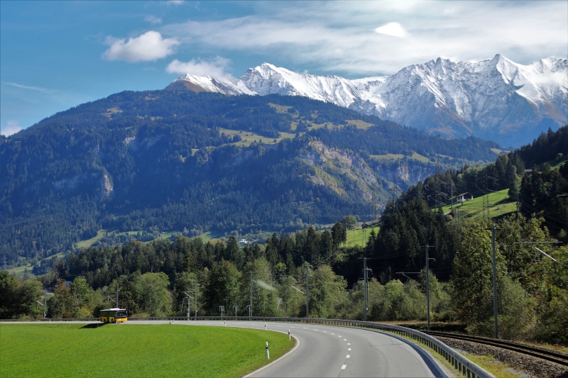 scenery, the stage, highway, transportation, panorama, bus, day, first snow, the alps, tourism, alpine, high, landscape, sky, switzerland, tops, tranquility