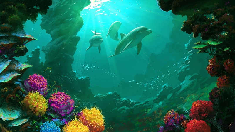 underwater, dolphin, artwork, colorful, 1080P, nature, sea