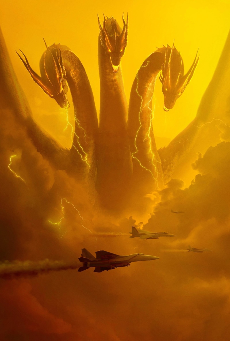 aircraft, clouds, Godzilla: King of the Monsters, King Ghidorah, 2K, movies, kaiju, military aircraft, creature, movie poster