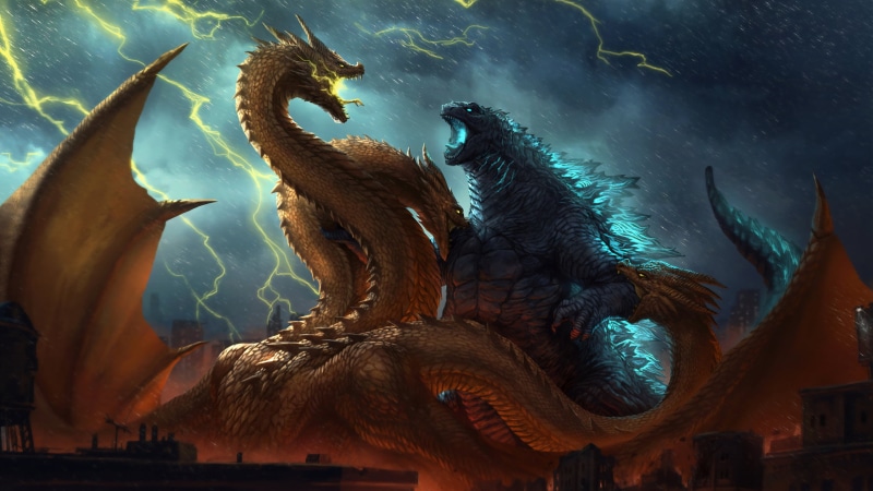 science fiction, environment, battle, 2K, Godzilla, clouds, King Ghidorah, rain, creature, digital, attack, yellow, Godzilla: King of the Monsters, artwork