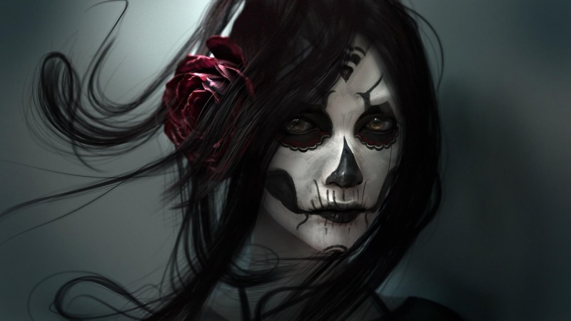 darkness, creepy, black hair, face, blood, artwork, skull, day of the dead, candy skull, gothic, mythical creature, sugar skull, 1080P, girl, fantasy art