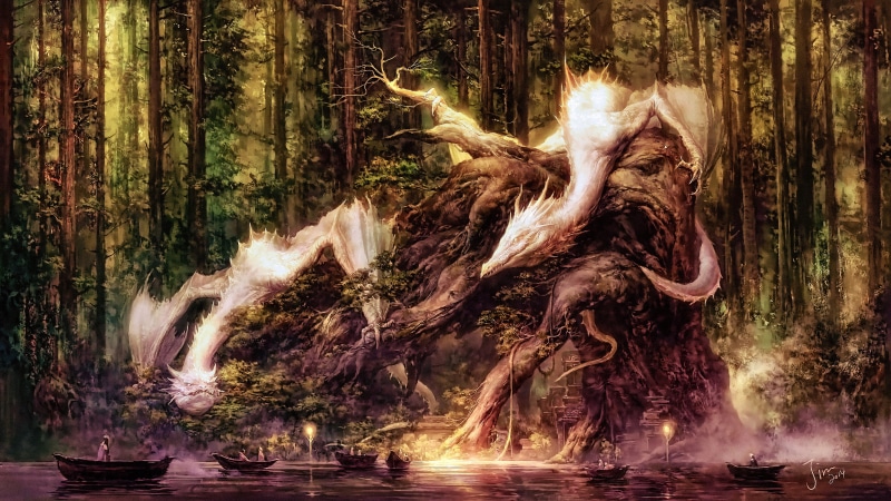 illuminated, digital composite, green, tranquility, boat, creature, no people, land, dragon, science fiction, artwork, forest, fan art, beauty in nature