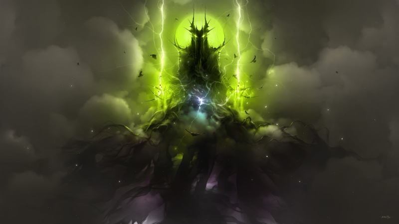 orb, artwork, fictional, green, fictional creatures, clouds, digital, raven, souls, lightning, digital art, fantasy art, environment, nature, creature