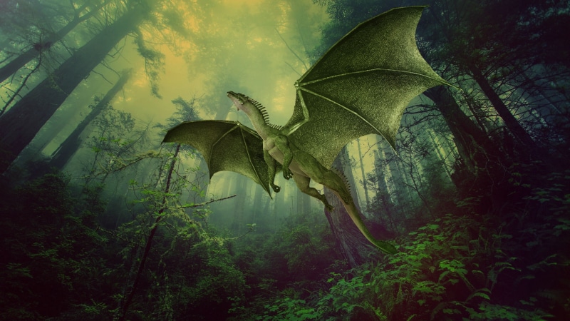 cloud - sky, fictional character, outdoors, no people, darkness, built structure, architecture, 4K, land, tree, dragon, animal wildlife, day, scenics - nature