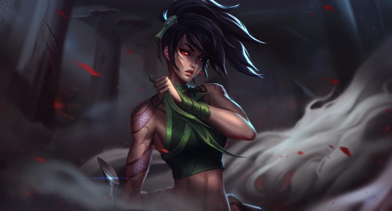 drawing, red eyes, League of Legends, wind, green clothing, dark hair, smoke, body paint, Akali(League of Legends), Unstable Anomaly, 1080P