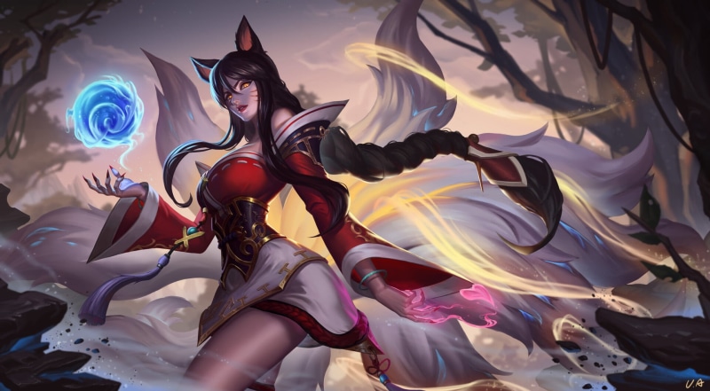 orb, Unstable Anomaly, face paint, drawing, magician, fox girl, Ahri, nine tails, League of Legends, dress, 1080P, long hair, looking at viewer, women