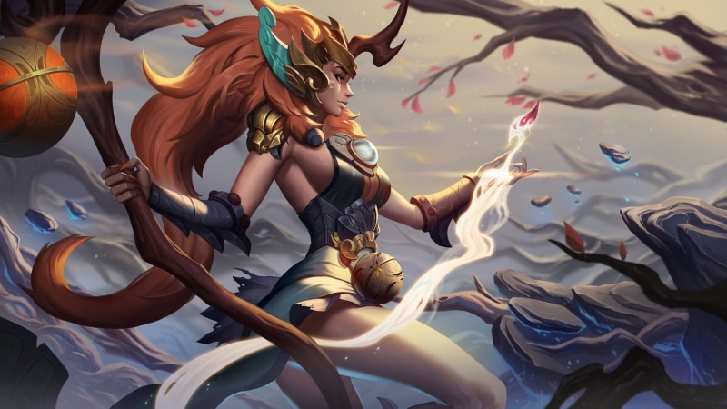 1080P, Soraka (League of Legends), Unstable Anomaly, spell, women, branch, leaves, staff, dress, redhead, drawing, magician, League of Legends
